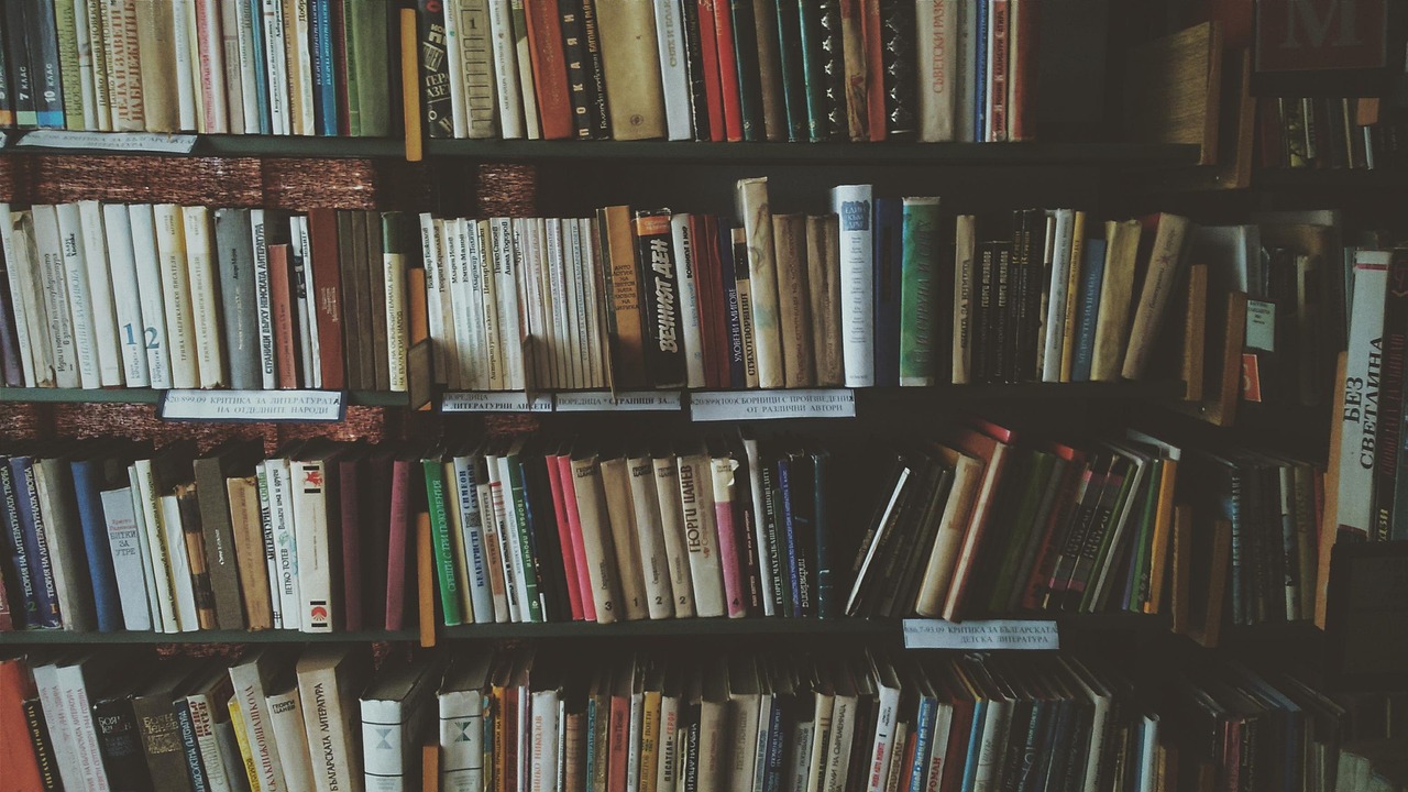 Books of different sizes stacked on a shelf